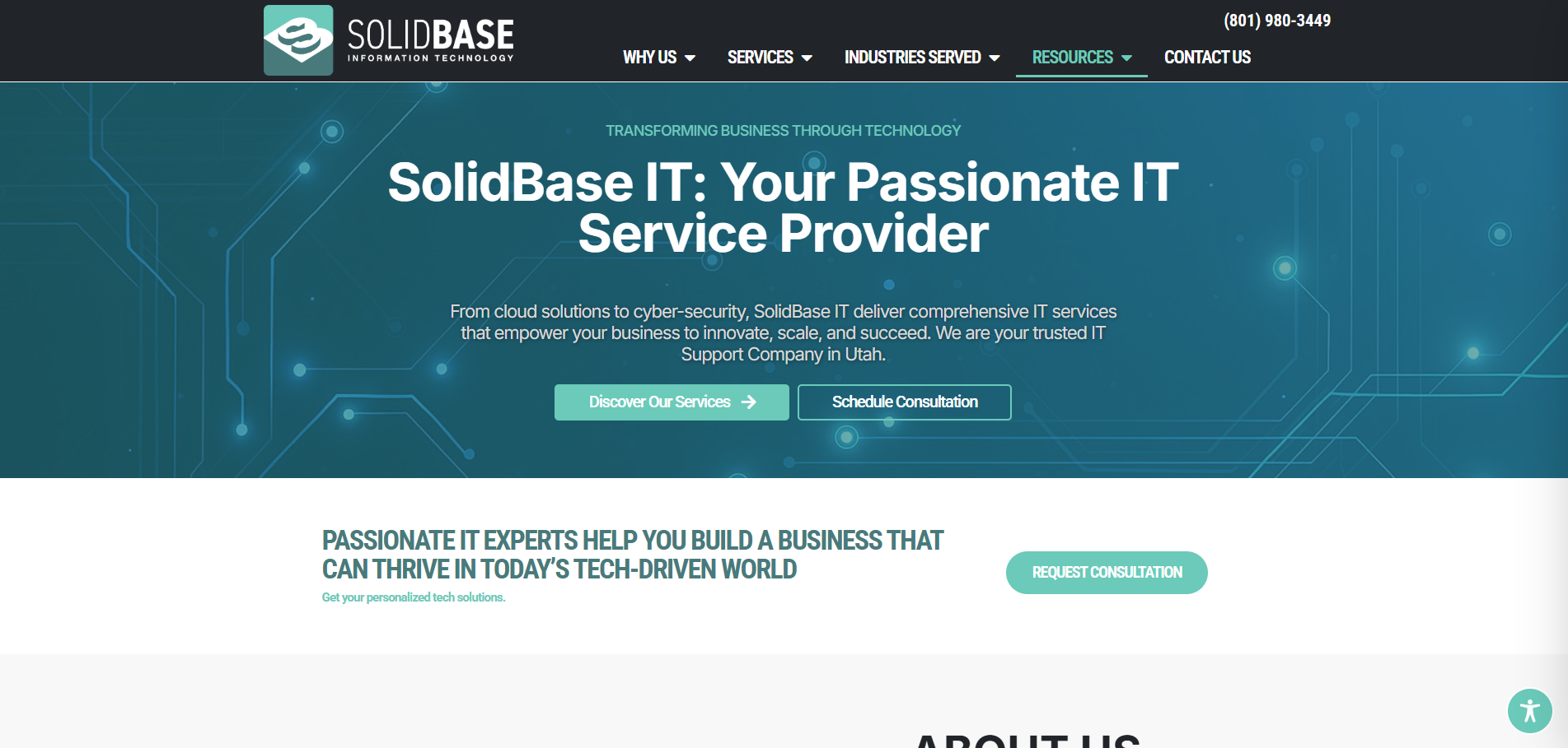 Solidbase IT public website homepage showing its IT services navigation and introductory banner