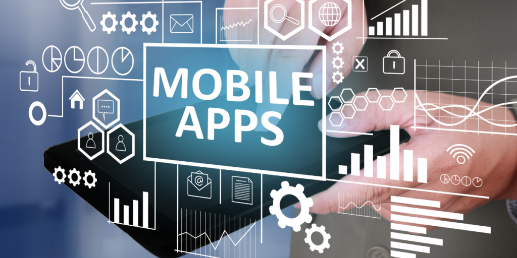 An image showing hands holding a tablet with "MOBILE APPS" prominently displayed on the screen. The tablet is surrounded by an overlay of various digital icons representing different functionalities like data charts, security locks, messages, gears, and connectivity symbols, visually depicting the Top features users expect from business mobile apps.